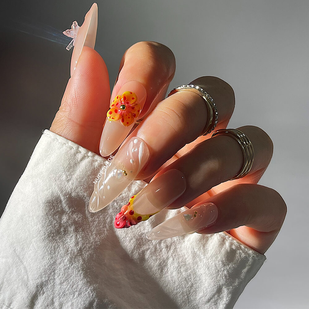 Tropical Floral Long Almond Press On Manicure Nails