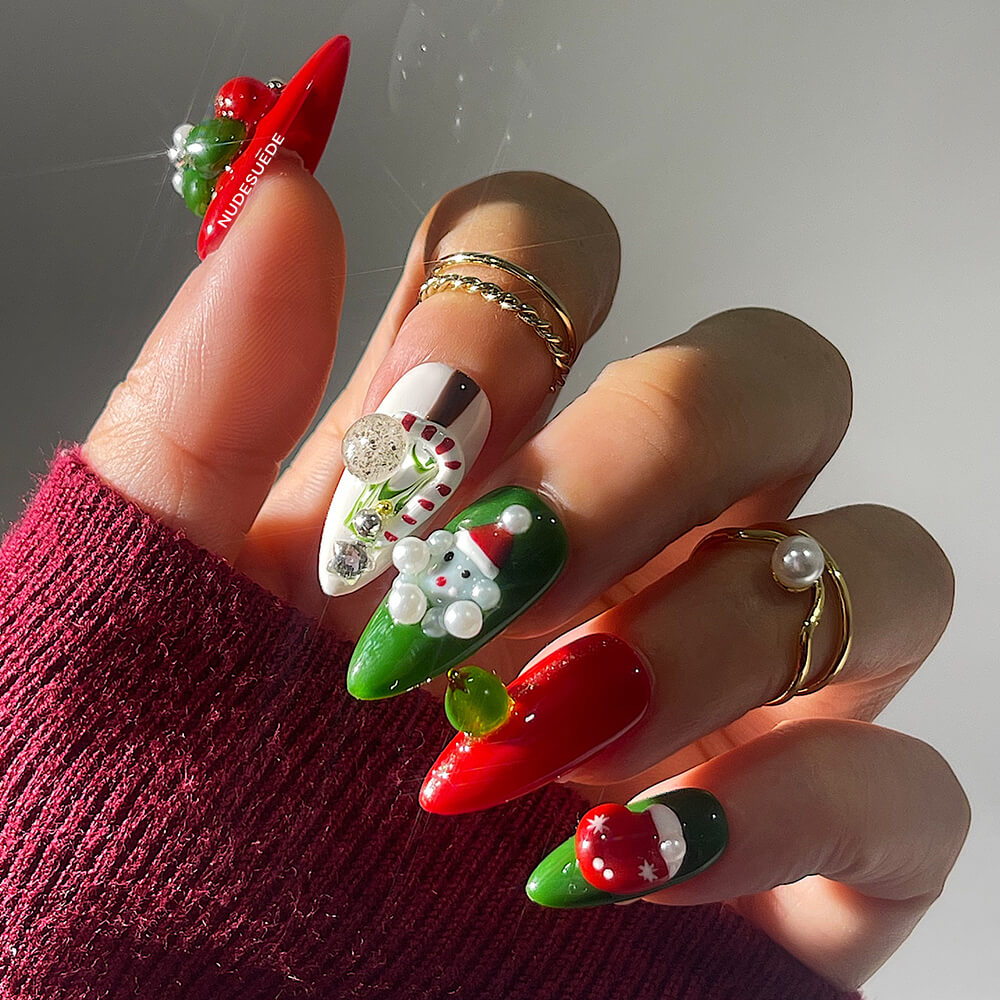 Merry Christmas Medium Almond Press On Nails With Pearls