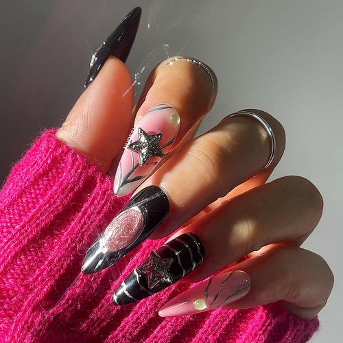 Black & Pink Long Almond Press On Nails