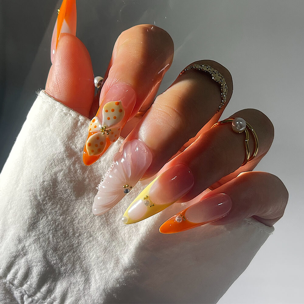 Spring Floral Long Almond Press On Manicure Nails