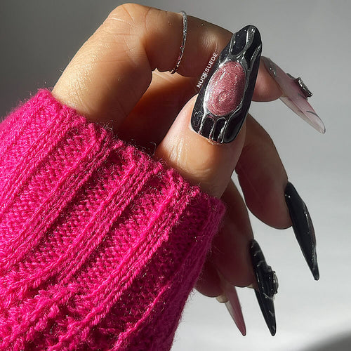 Black & Pink Long Almond Press On Nails