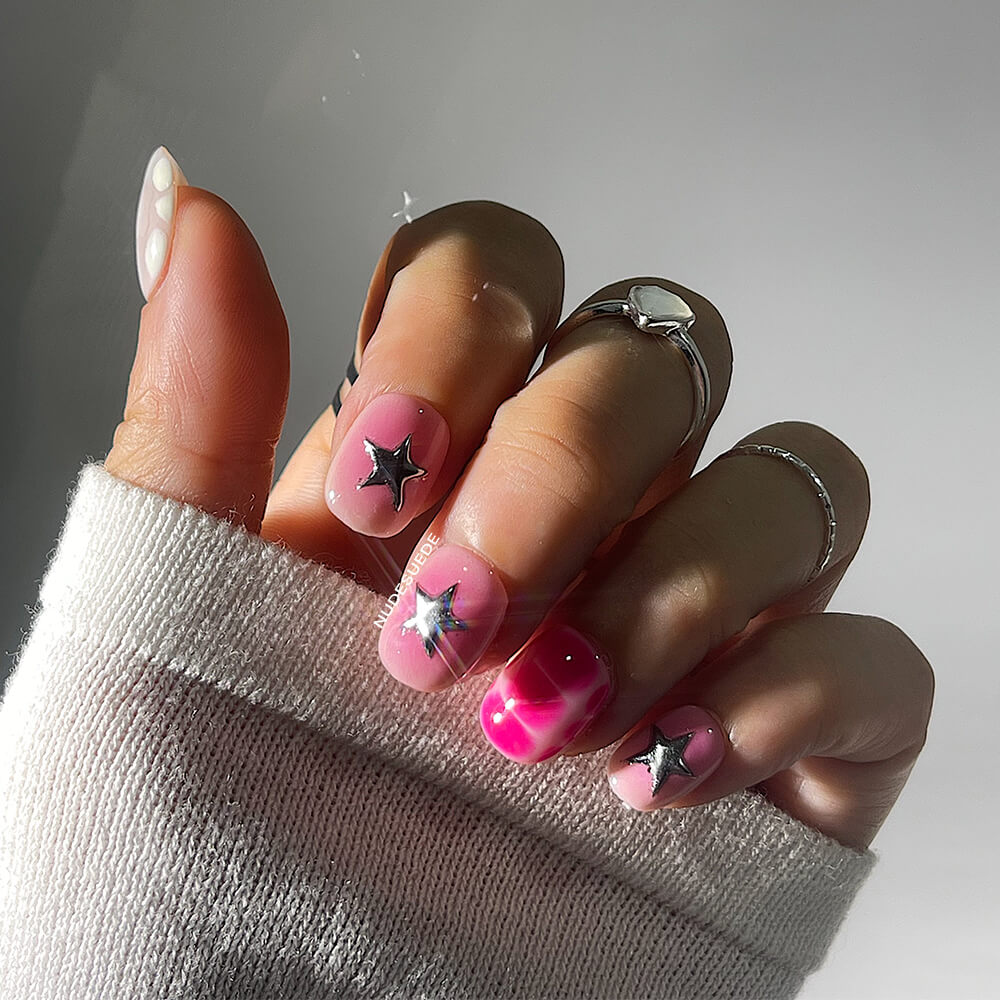 Pink Star Short Square Press On Manicure Nails