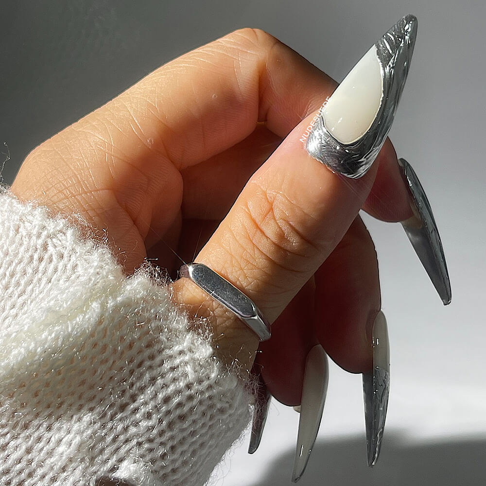 Silver Foil Long Stiletto Press On Nails