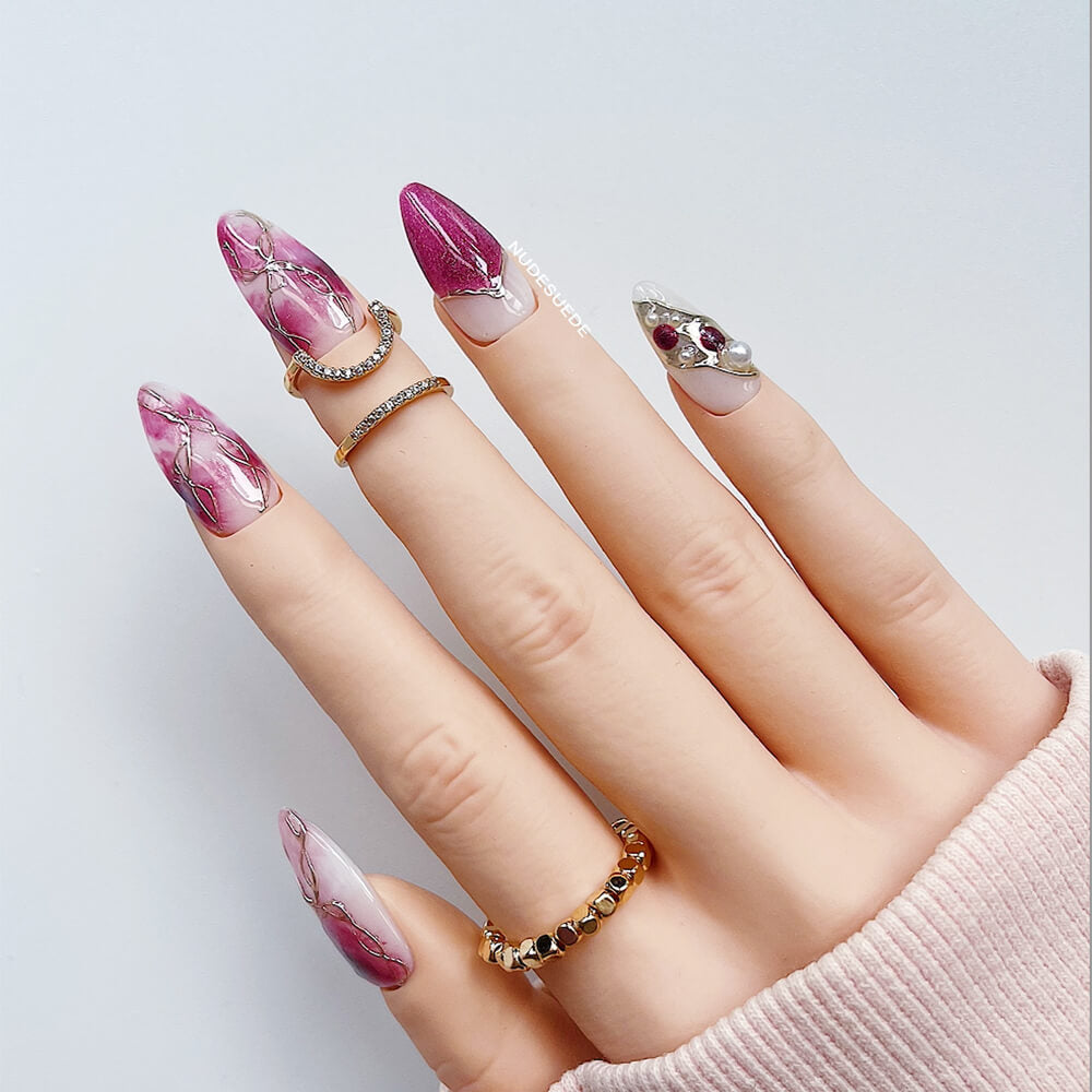 Ruby Marble Medium Almond Press On Fake Nails
