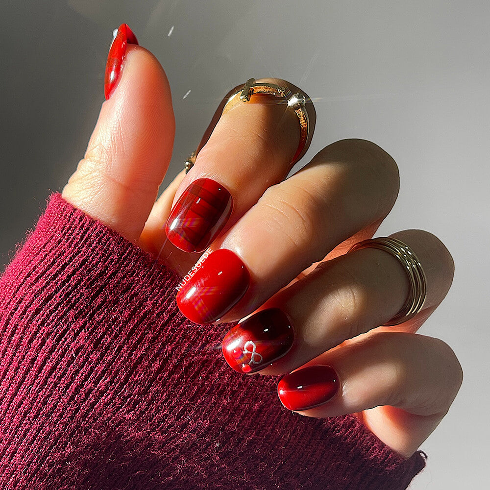 Plaid Puppy Short Square Press On Manicure Nails