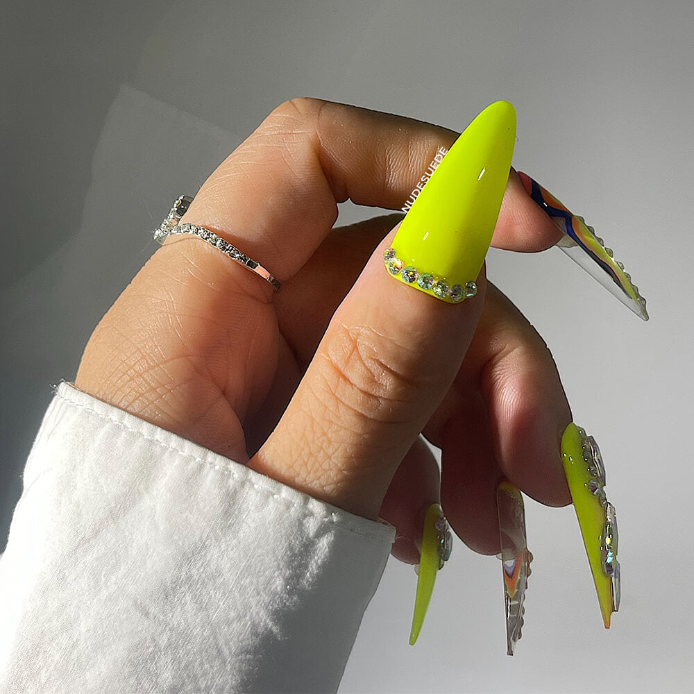 Neon Long Stiletto Press On Manicure Nails With Rhinestones