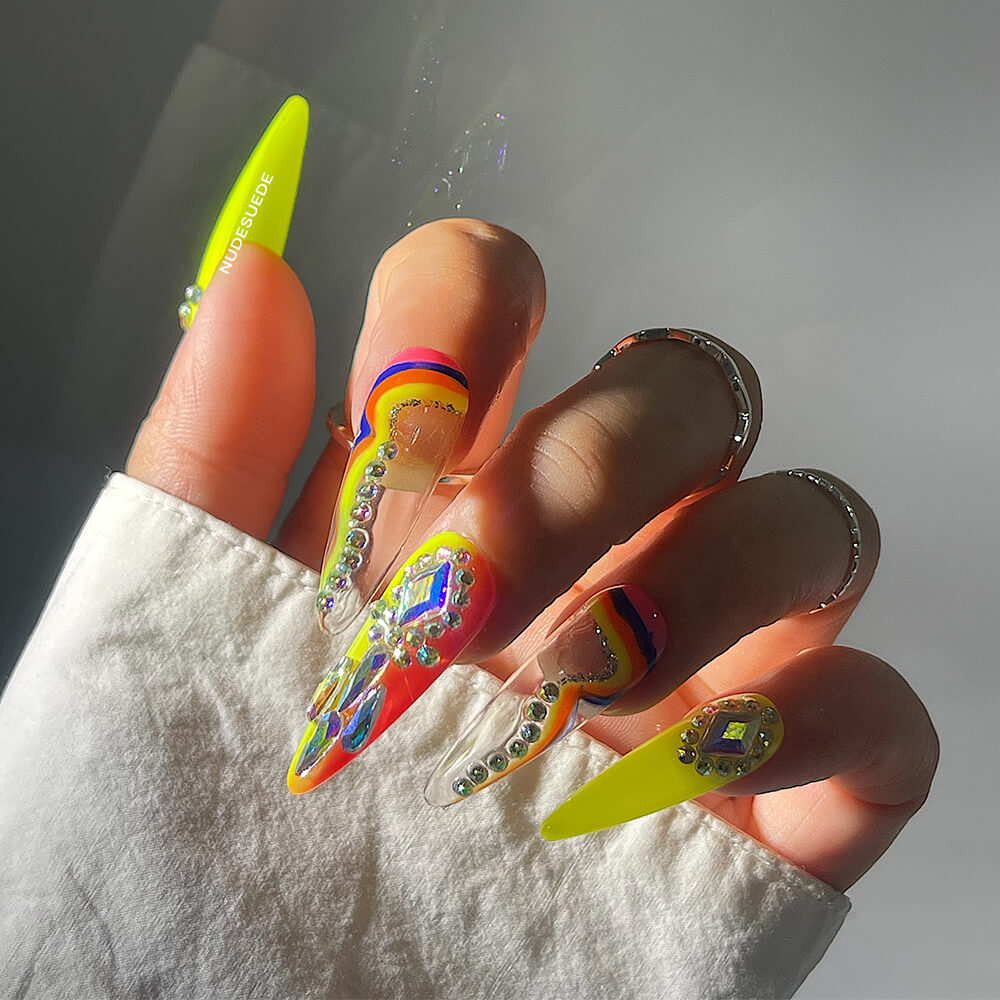 Neon Long Stiletto Press On Manicure Nails With Rhinestones