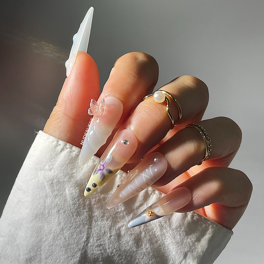 Flowers Long Stiletto Press On Manicure Nails