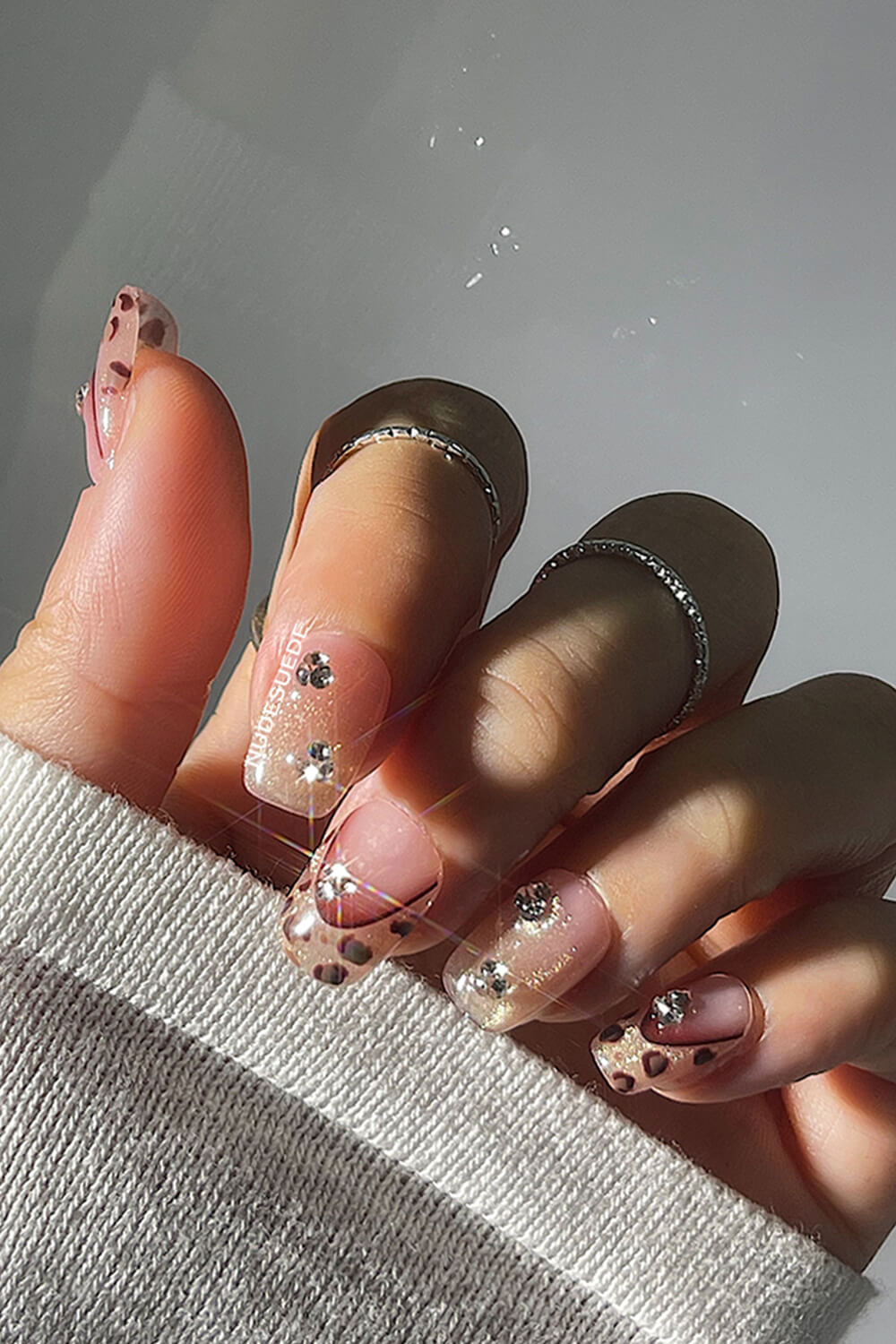 Glitter Leopard Short Square Press On Manicure Nails With Rhinestones