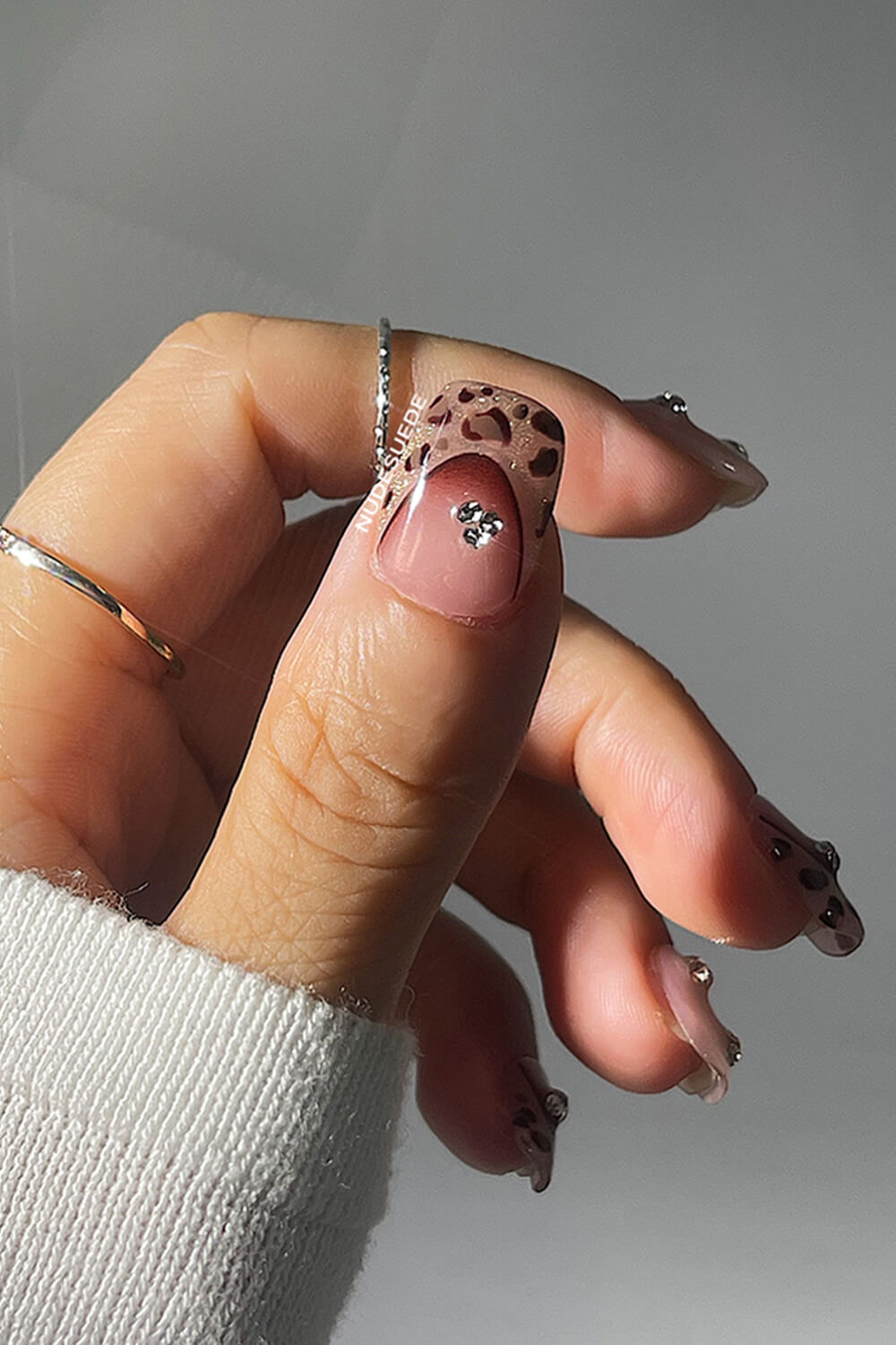 Glitter Leopard Short Square Press On Manicure Nails With Rhinestones