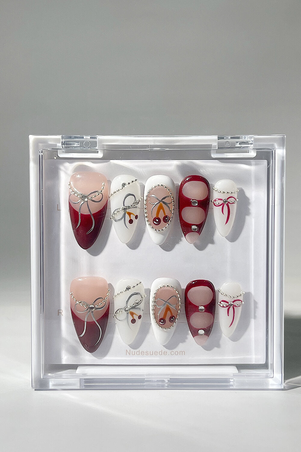 Red Knot Medium Almond Press On Nails With Beads