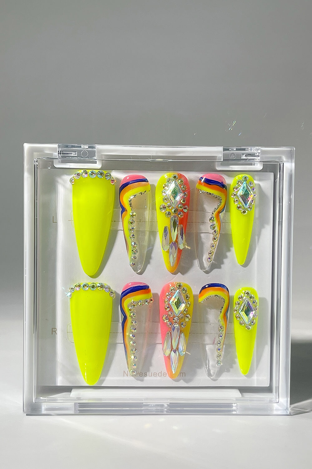 Neon Long Stiletto Press On Manicure Nails With Rhinestones