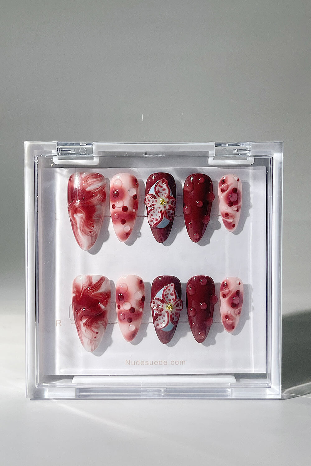 Burgundy Blossom Medium Almond Press On Manicure Nails