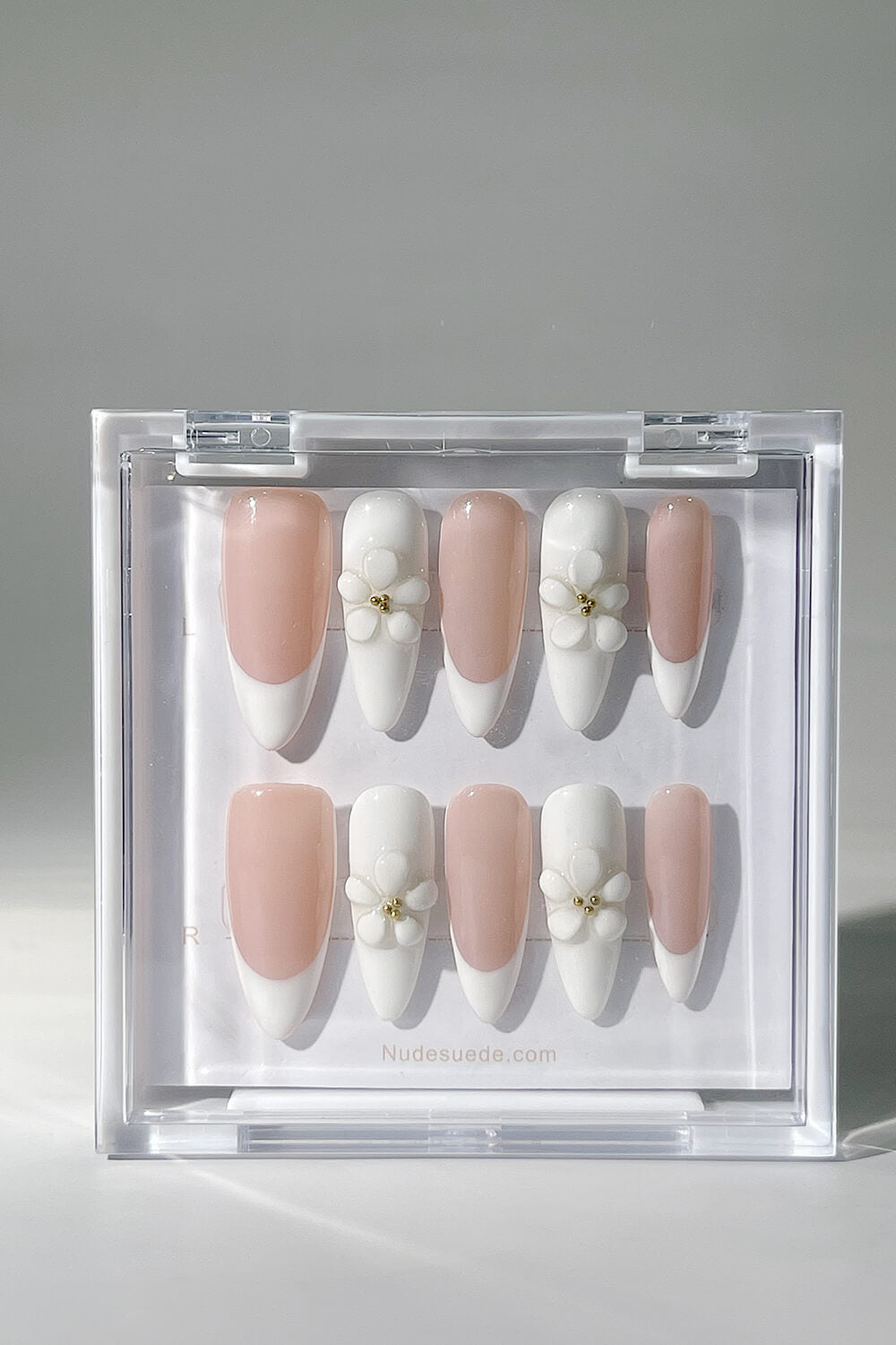 White Daisy French Long Almond Press On Manicure Nails