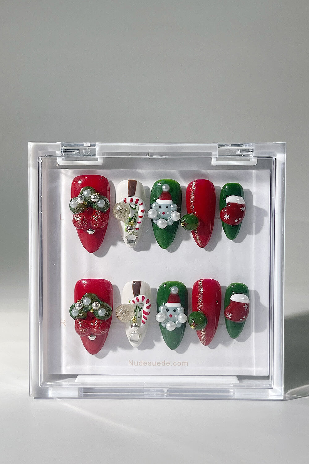 Merry Christmas Medium Almond Press On Nails With Pearls