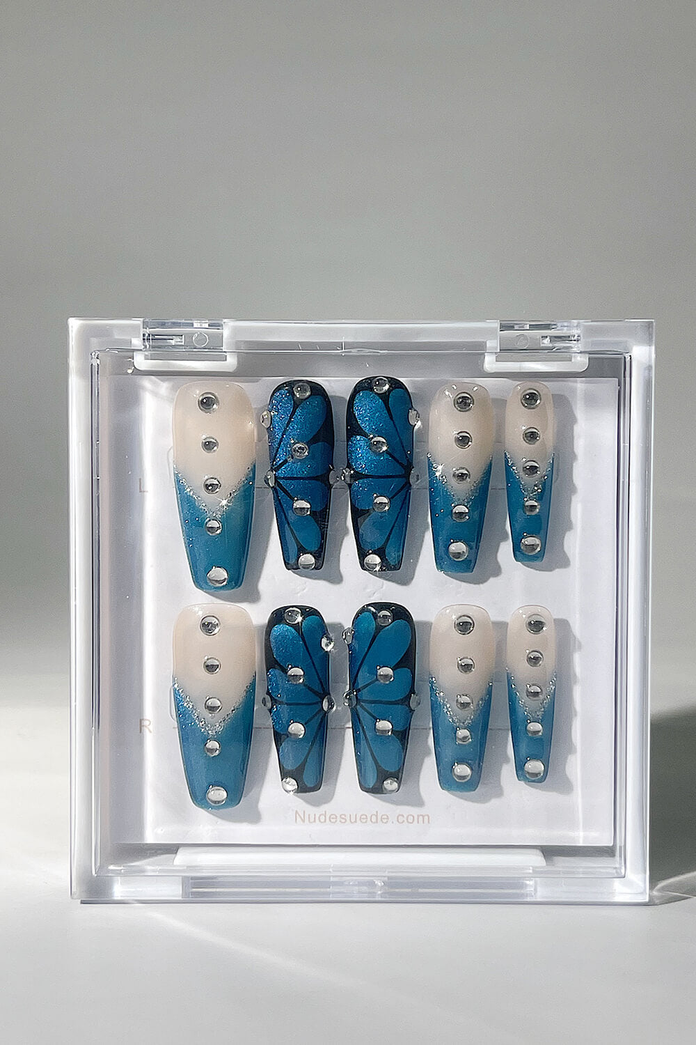 Blue Butterfly Long Coffin Press On Manicure Nails With Rhinestones