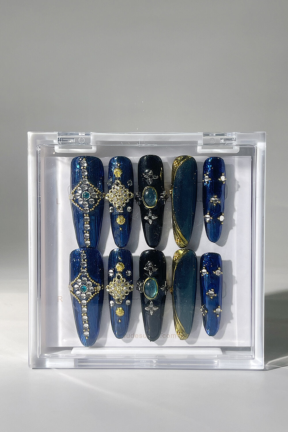 Blue Palace X-Long Almond Press On Manicure Nails With Rhinestones