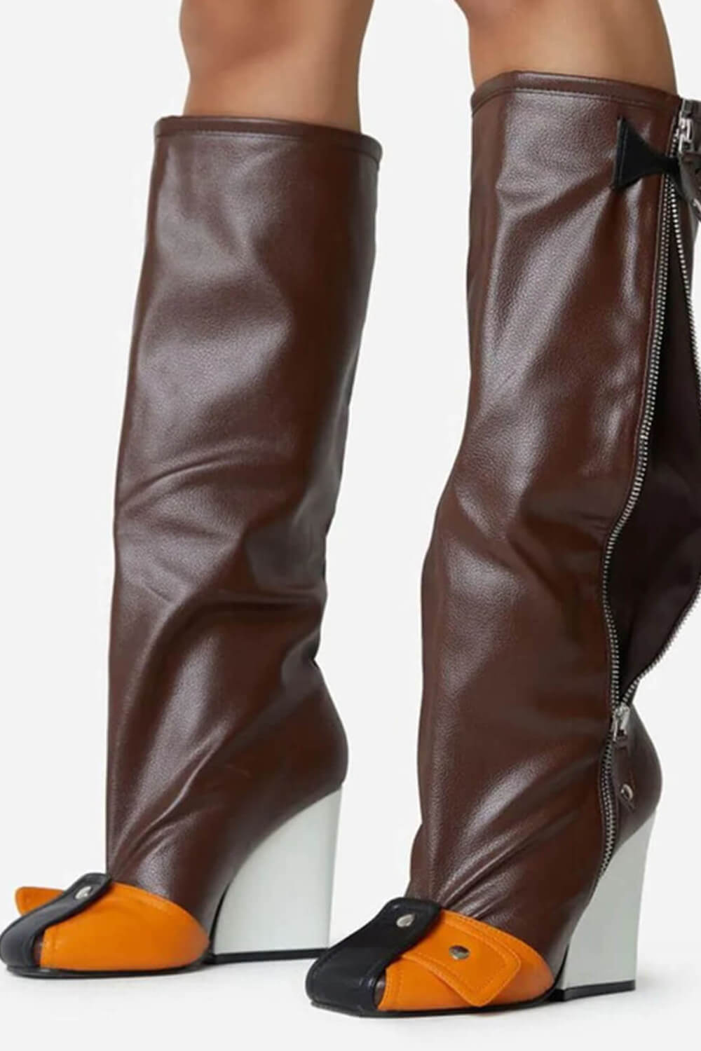 Buckle Detail Square Toe Blue Wedge Heel Knee High Long Boots - Brown & White