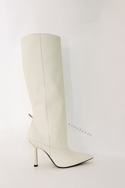 Faux Leather Folded Over Heeled Knee High Long Boots - Ivory