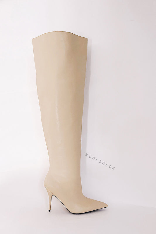 Bucket Point Toe Over The Knee Stiletto Heeled Boots - Beige