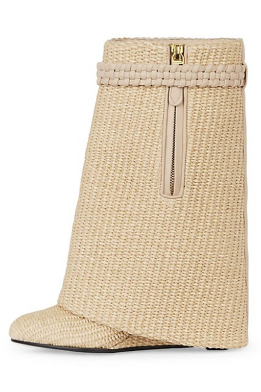 Raffia Padlock Detail Folded Wedge Heel Ankle Boots