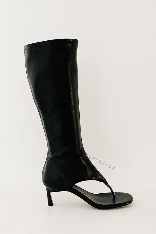 Faux Leather Open Toe Thong Strap Knee High Heeled Boots - Black