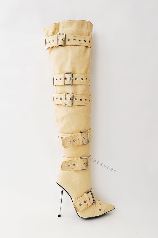 Multi Buckle Pointed Toe Thigh High Stiletto Heel Boots - Khaki