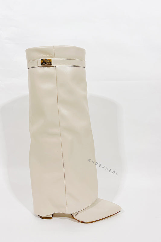 Faux Leather Fold Over Metal Lock Detail Knee High Boots