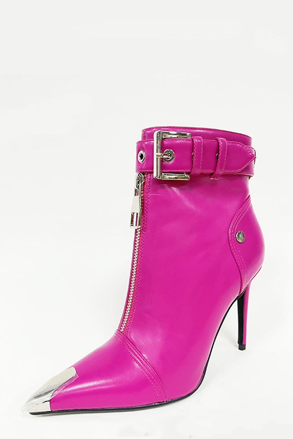 Faux Leather Buckled Eyelet Front Zip Ankle Boots - Hot Pink