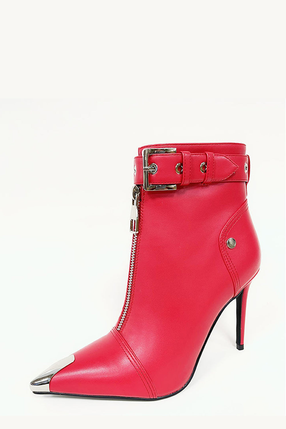 Faux Leather Buckled Eyelet Front Zip Ankle Boots - Red