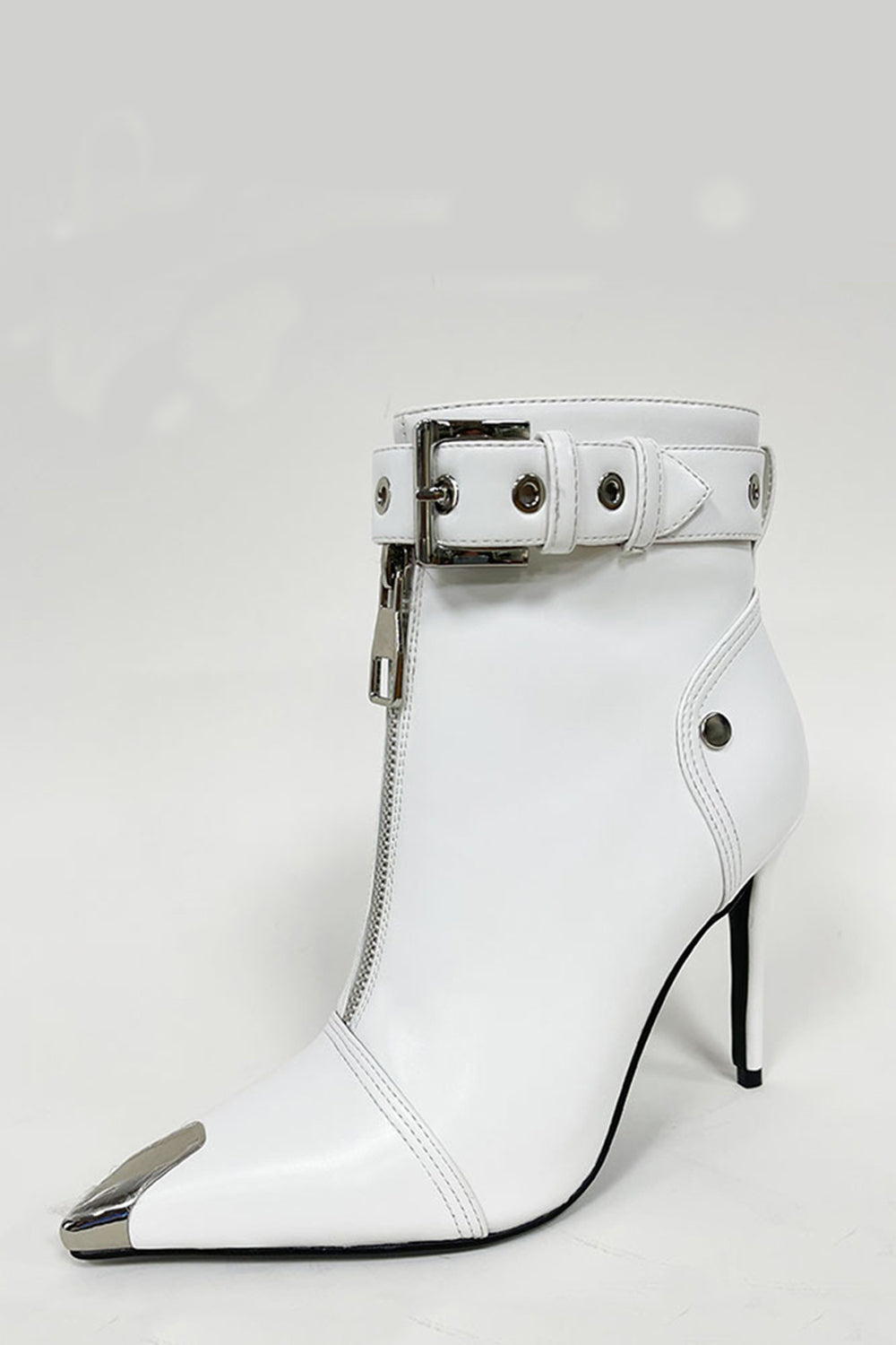 Faux Leather Buckled Eyelet Front Zip Ankle Boots - White
