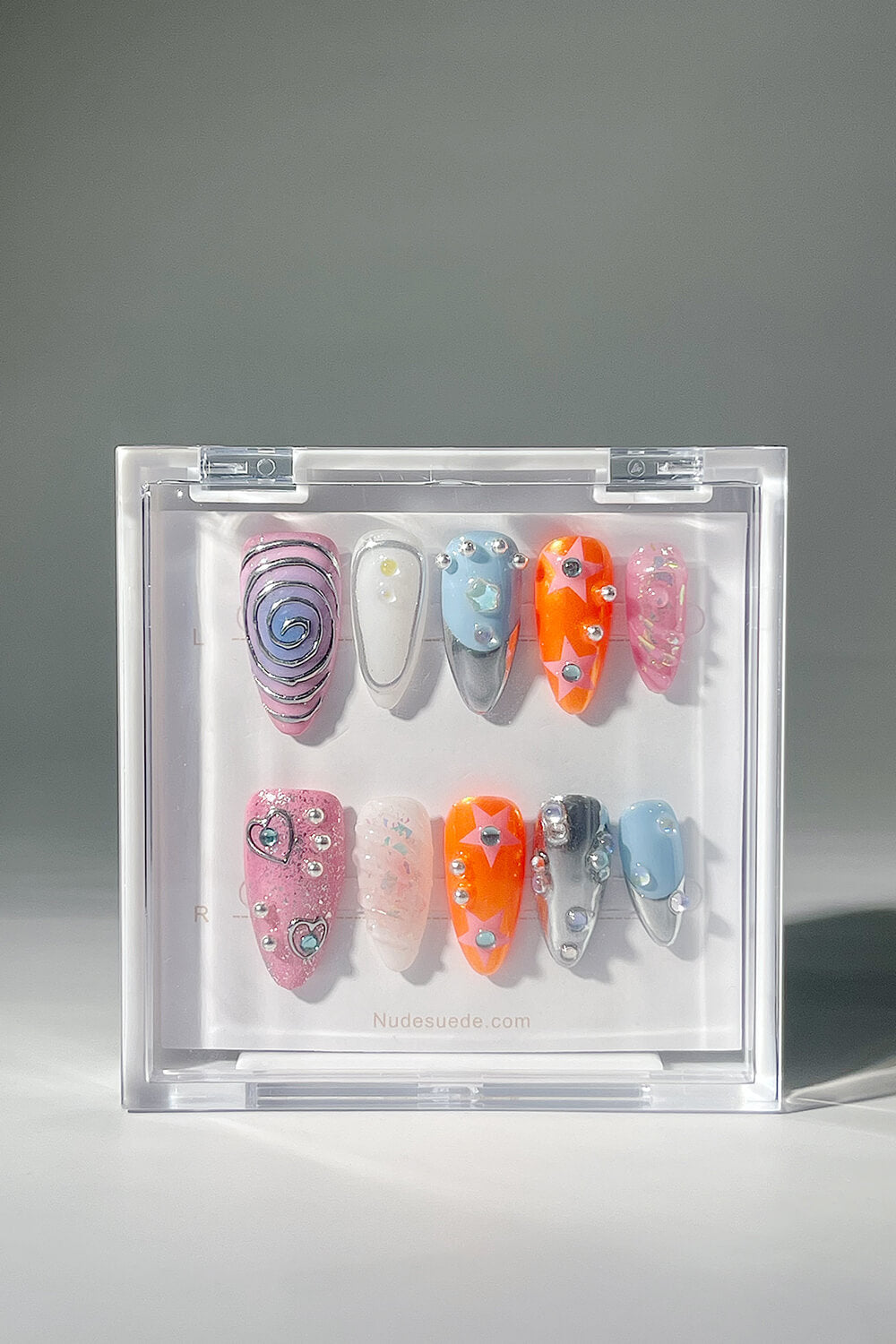 Swirl Medium Almond Press On Fake Nails With Beads