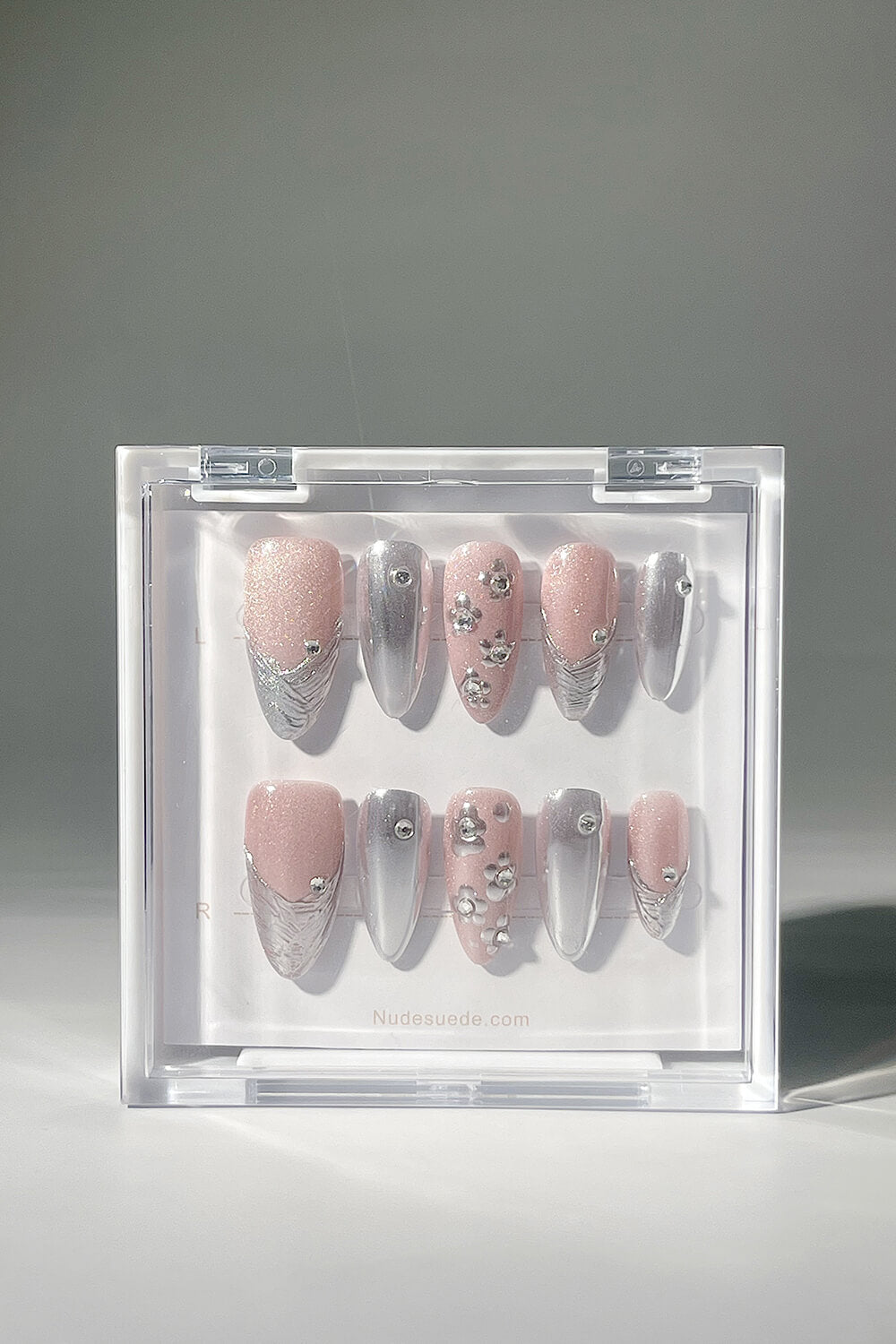 Pink Silver Medium Almond Press On Fake Nails