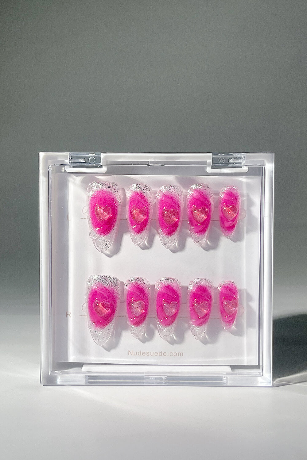 Hot Pink Heart Medium Almond Press On Fake Nails