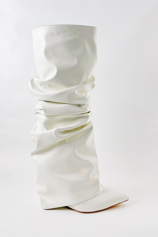 Faux Leather Scrunched Foldover Wedge Heel Knee High Boots - White