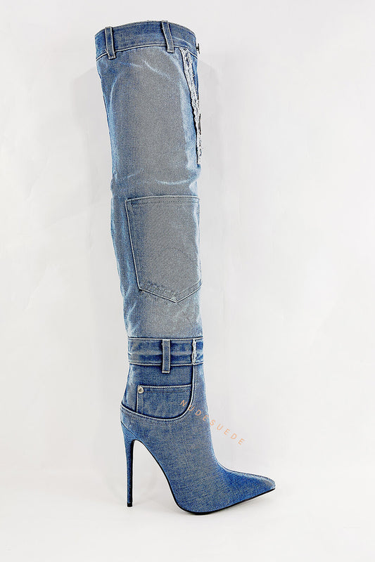 Patchwork Denim Over The Knee Stiletto Heeled Boots With Pocket Details - Blue/Black