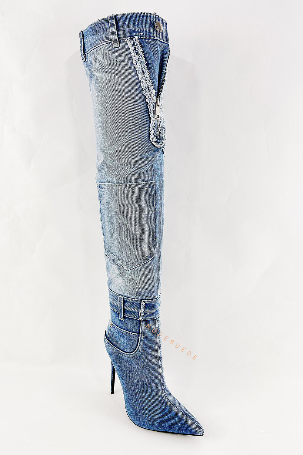 Patchwork Denim Over The Knee Stiletto Heeled Boots With Pocket Details - Blue/Black