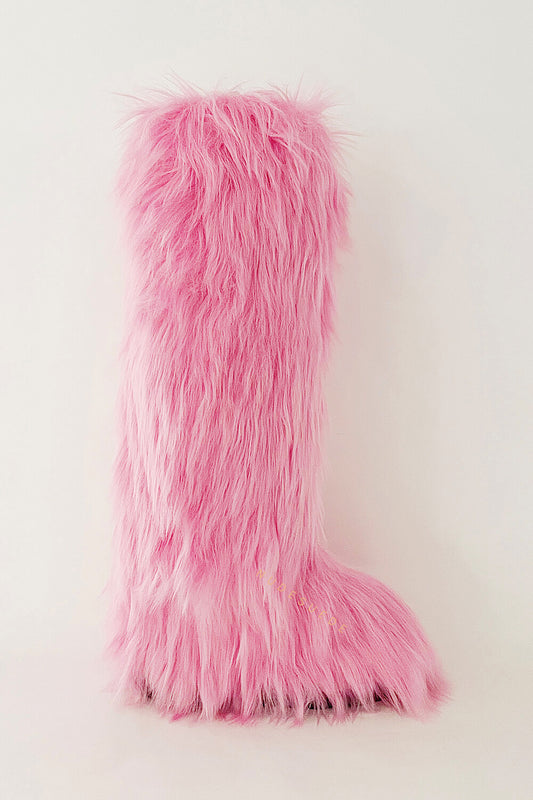 Fluffy Faux Fur Over The Knee Boot - Pink