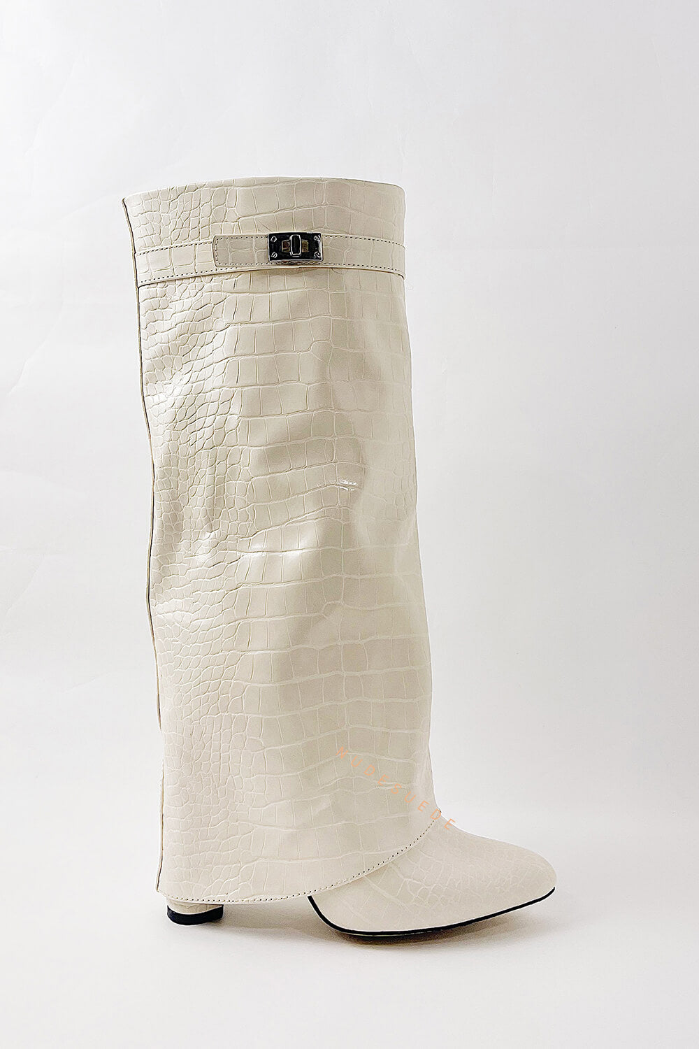 Croc-Effect Hardware Detail Folded Block Heel Knee High Long Boots - White