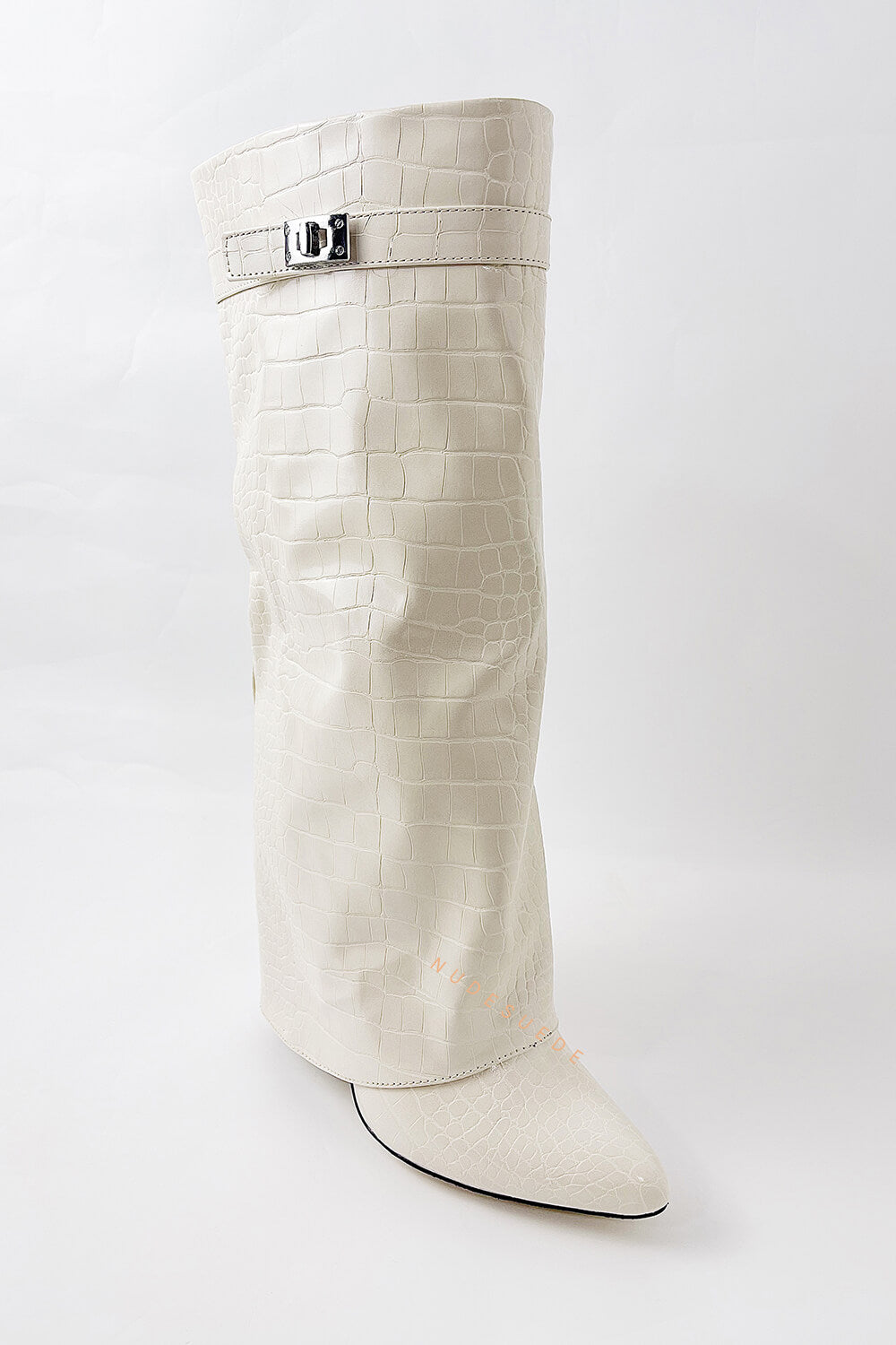 Croc-Effect Hardware Detail Folded Block Heel Knee High Long Boots - White