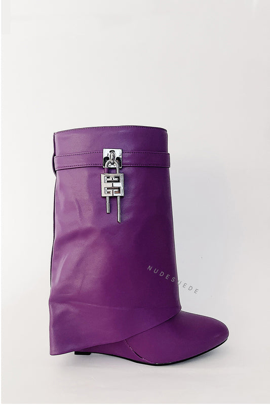 Faux Leather Padlock Detail Folded Wedge Heel Ankle Boots - Violet