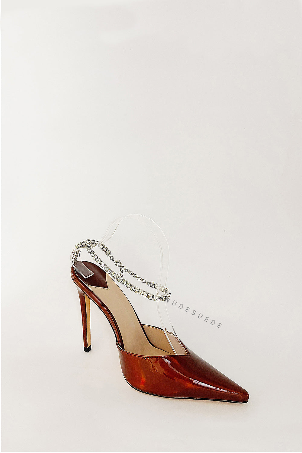Metallic Diamante Chain Detail Ankle Strap Pointed Toe Stiletto Court Heel - Orange