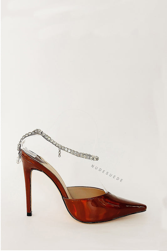 Metallic Diamante Chain Detail Ankle Strap Pointed Toe Stiletto Court Heel - Orange