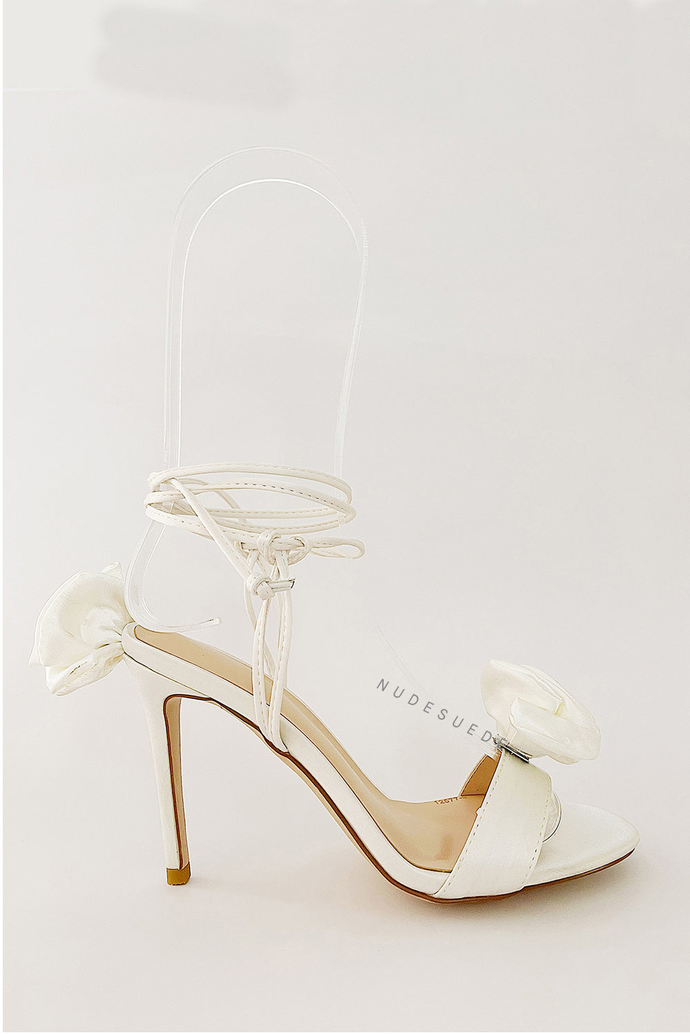 Flower Embellished Satin Lace Up Open Toe Stiletto Heels Sandals - Ivory