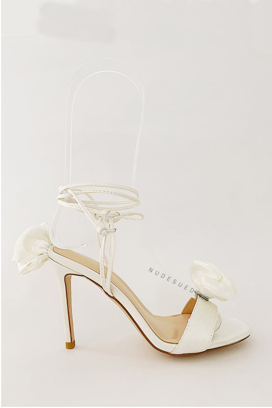 Flower Embellished Satin Lace Up Open Toe Stiletto Heels Sandals - Ivory