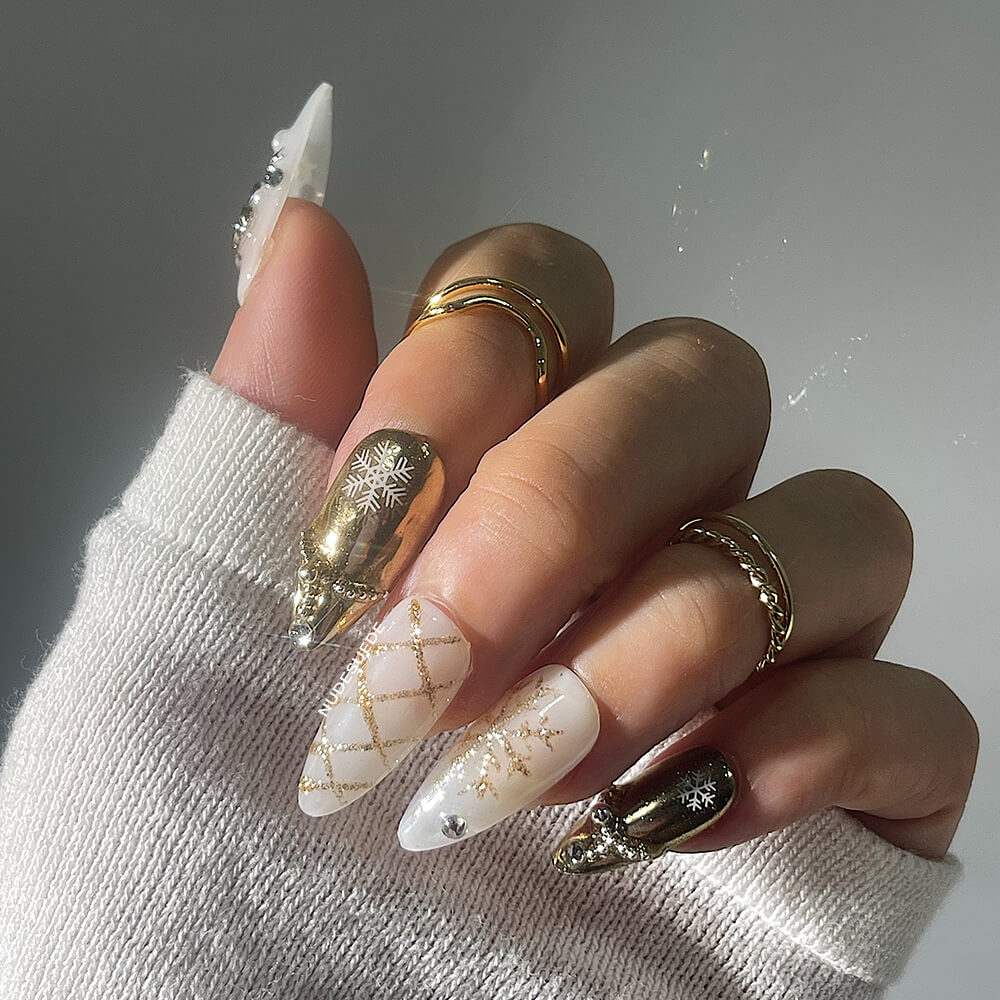 Metallic Snowflake Medium Almond Press On Manicure Nails