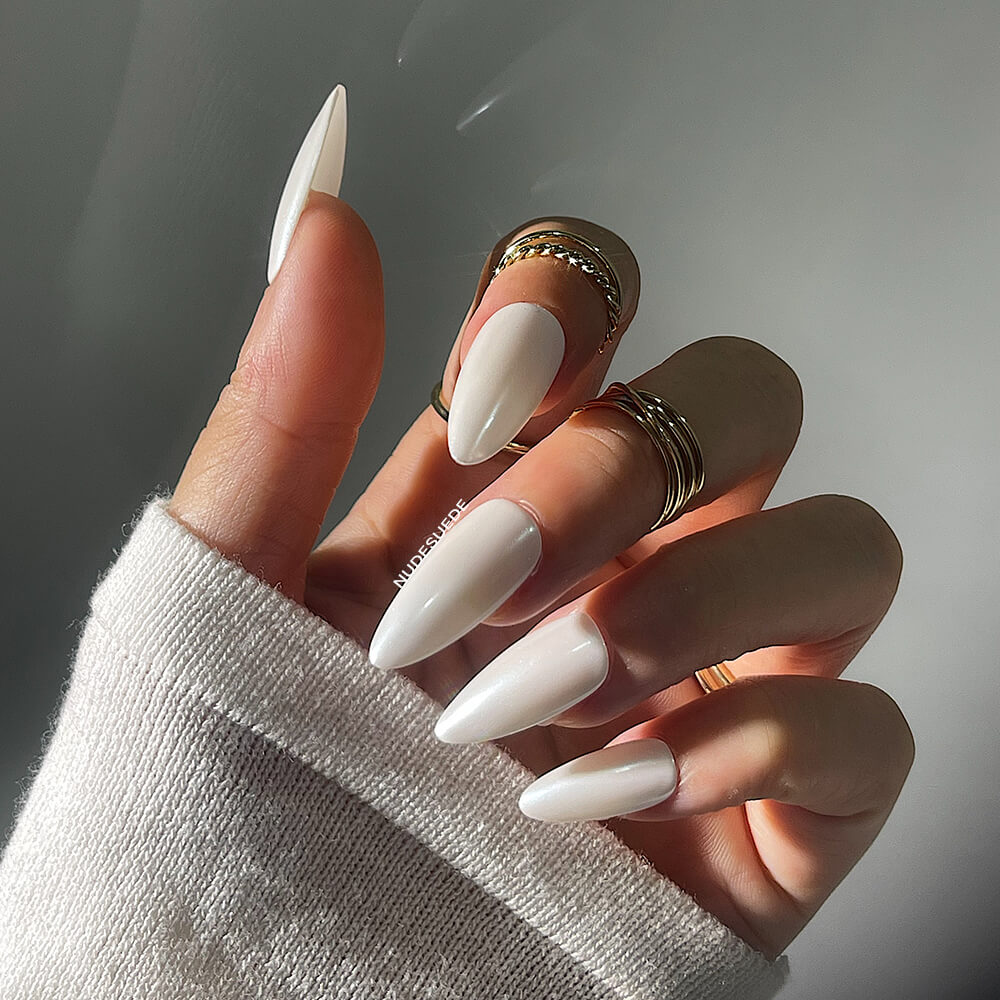 Solid White Medium Almond Press On Fake Nails