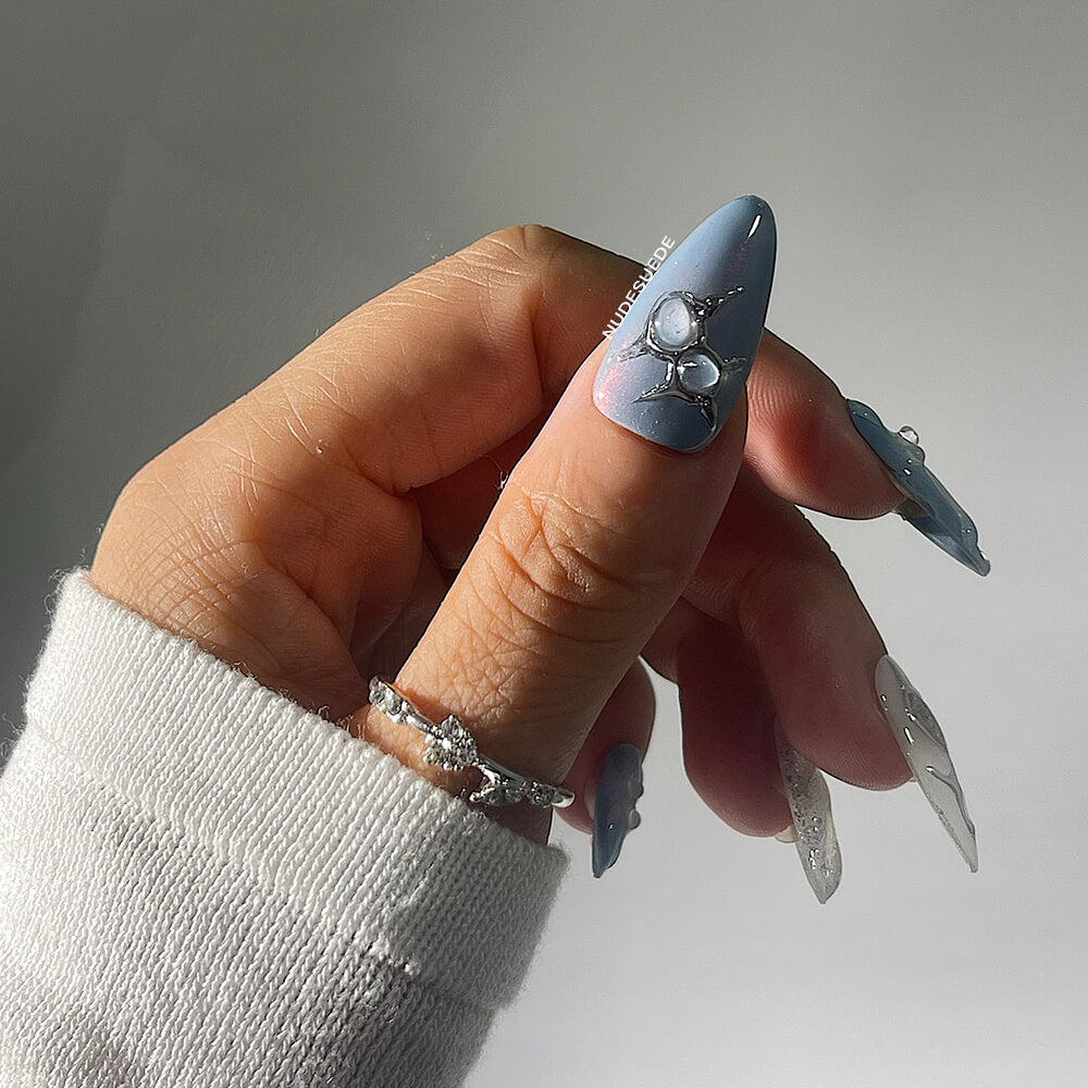 Blue Sea Medium Almond Press On Fake Nails