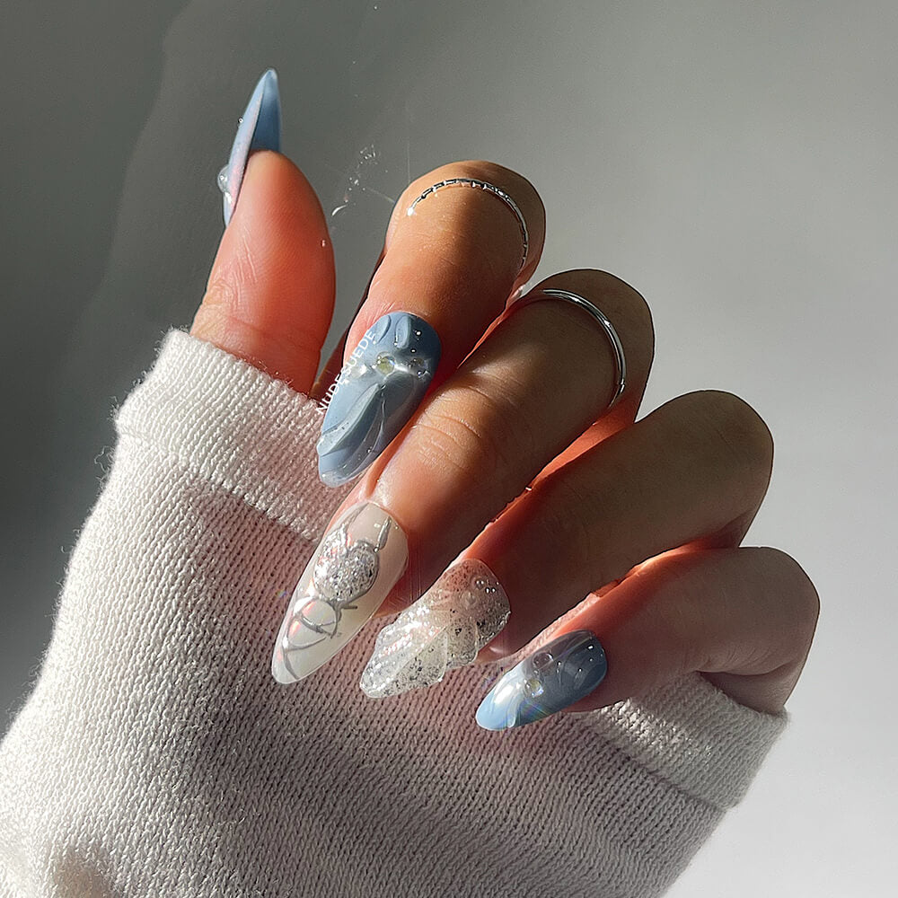 Blue Sea Medium Almond Press On Fake Nails