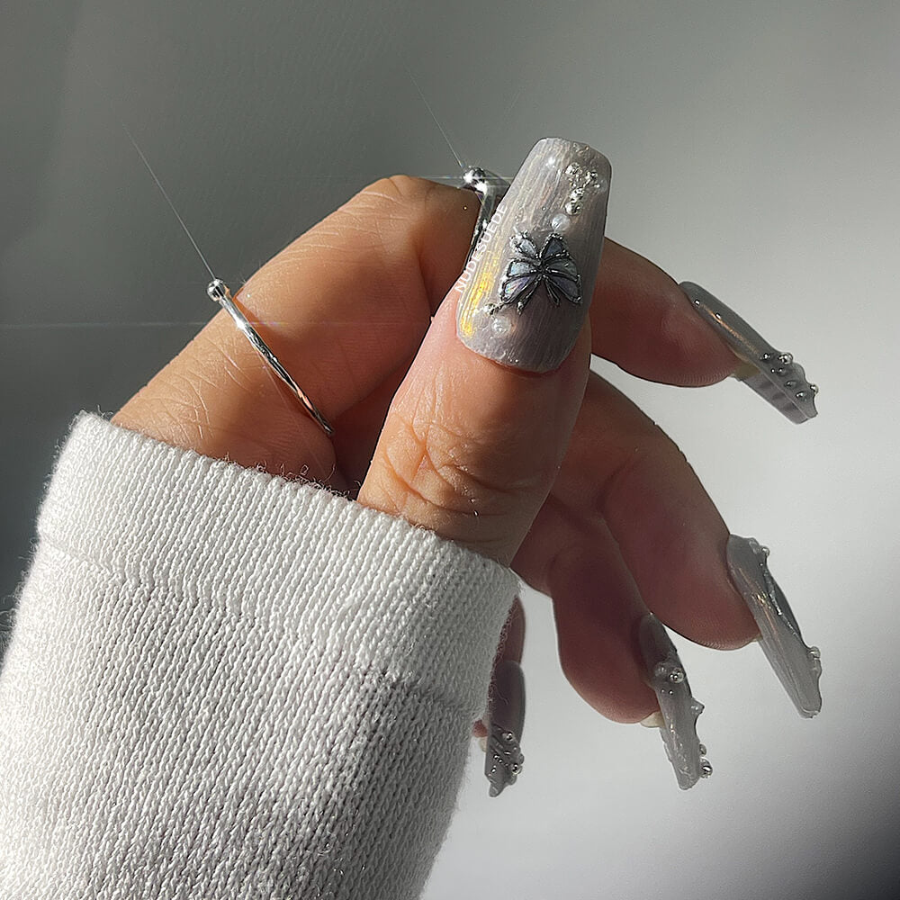 Lilac Butterfly Medium Coffin Press On Fake Nails